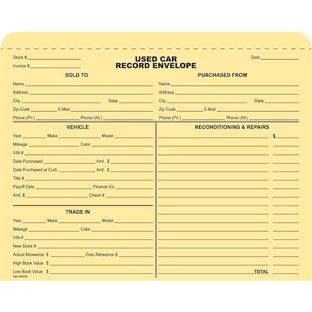 Asp Used Car Record Envelope, 9 3/8" X 11 3/4", 100 Per Pack Pk 5420